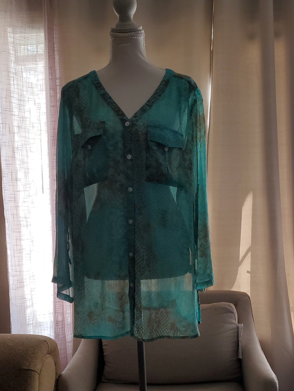 Sheer Teal Long-Sleeve Button Tunic